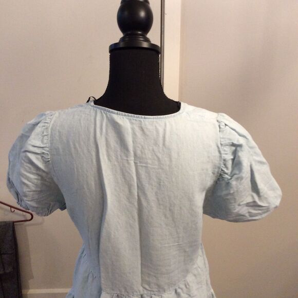 ZARA Light Denim Blue V Neck Layered Dress Small S Linen Blend Babydoll - Picture 2 of 5
